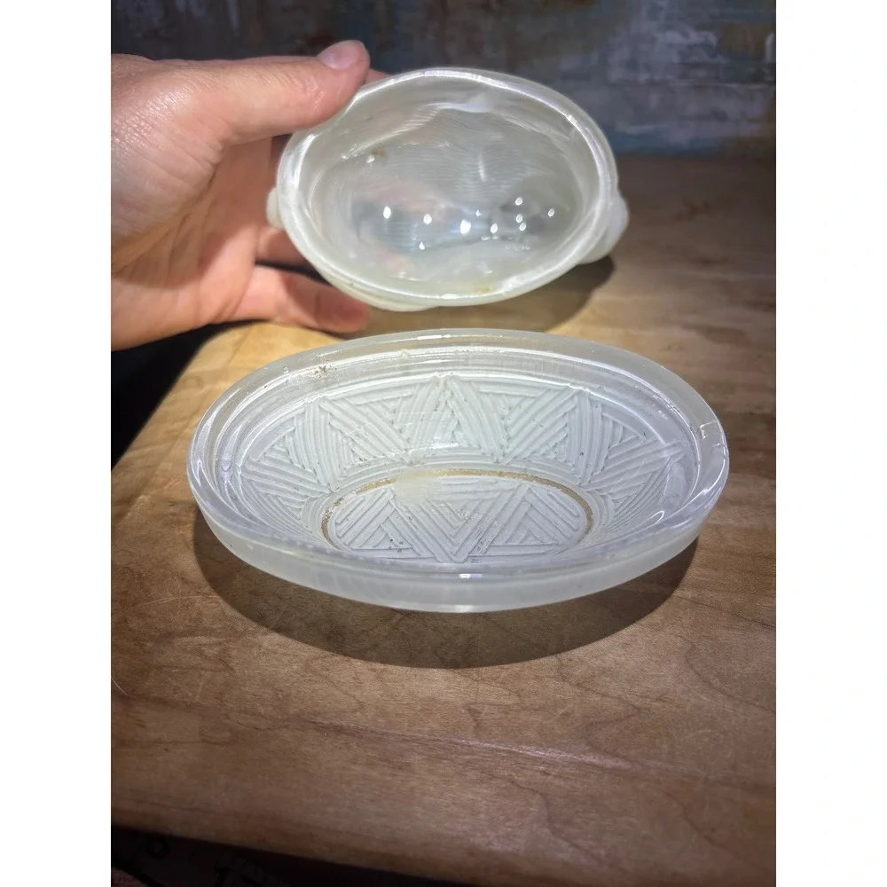 Vintage Frosted Glass Rabbit on Nest Trinket Dish White Bunny Candy Bowl 4.5